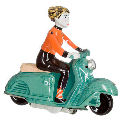 GIRL ON SCOOTER tin toy – green NEW BOX